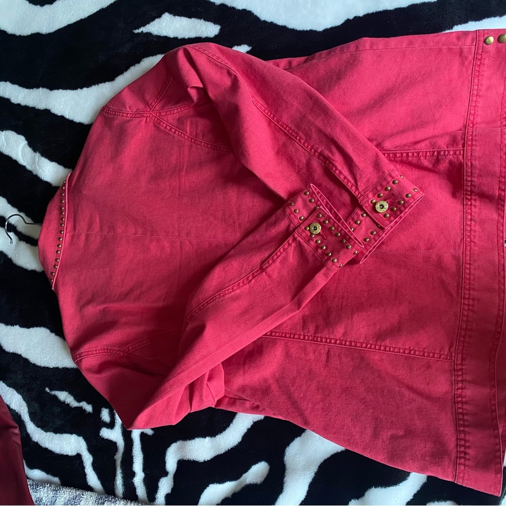 DG2 By Diane Gilman Women's Denim Gold Studded Orange Red Stretch Zip Jacket XL - Picture 7 of 9